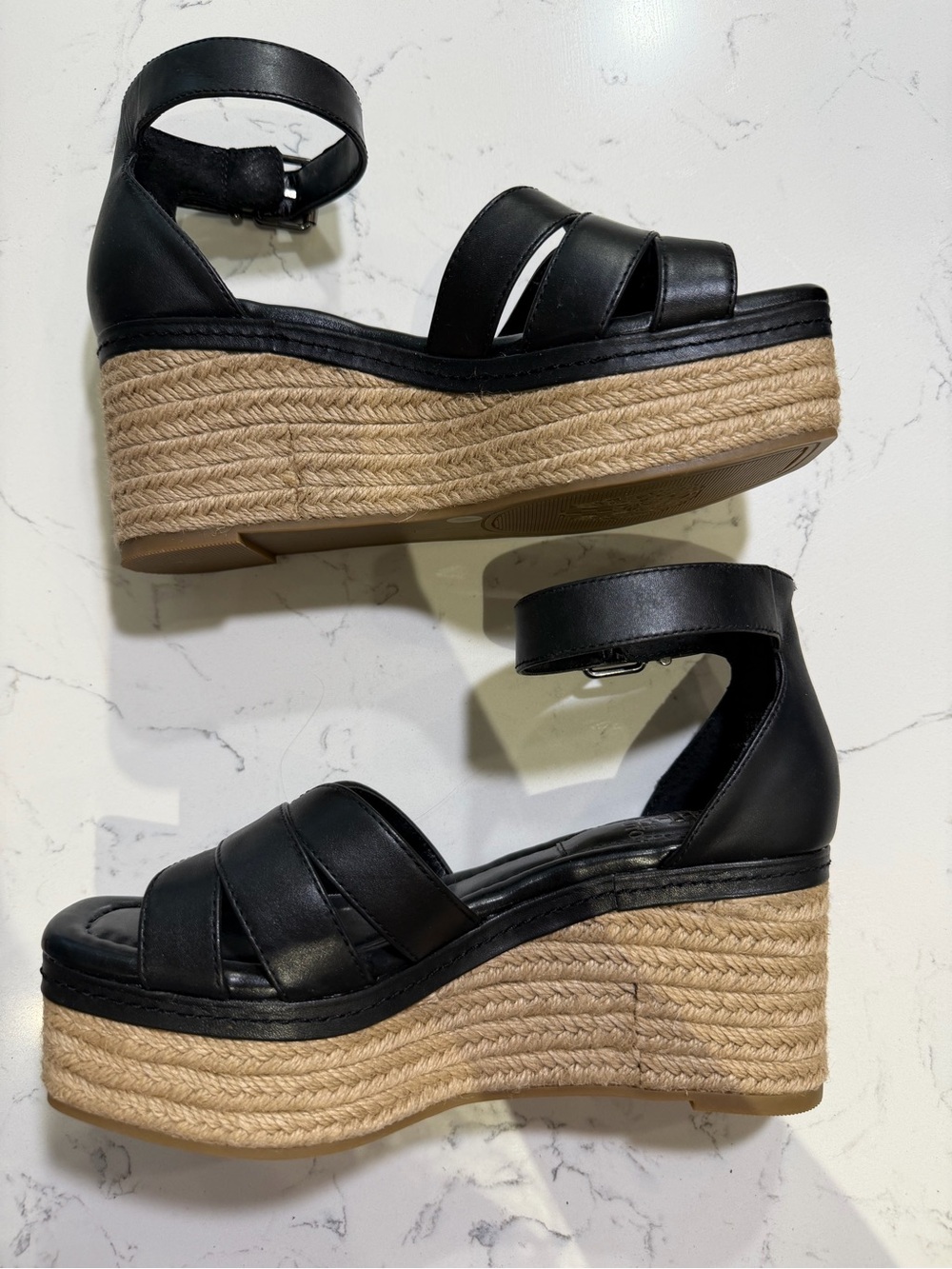 Vince Camuto Black Leather Espadrille Platform Wedges - Picture 4 of 6